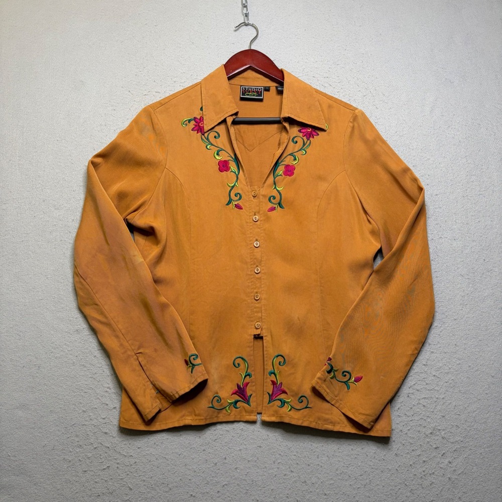 Studio West Shirt Women Large Orange Vintage 90s Floral Embroidered Western Top